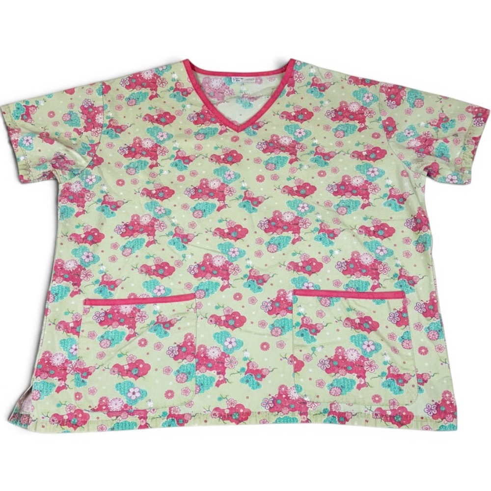 UA Scrubs Uniform Advantage Floral Cherry Blossom V-Neck Scrub Top Pink XL